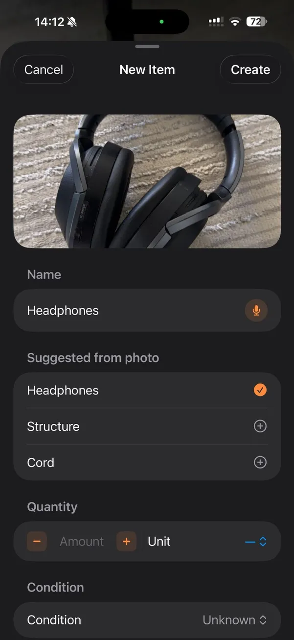 Snap a photo; the app suggests the item name and category.
