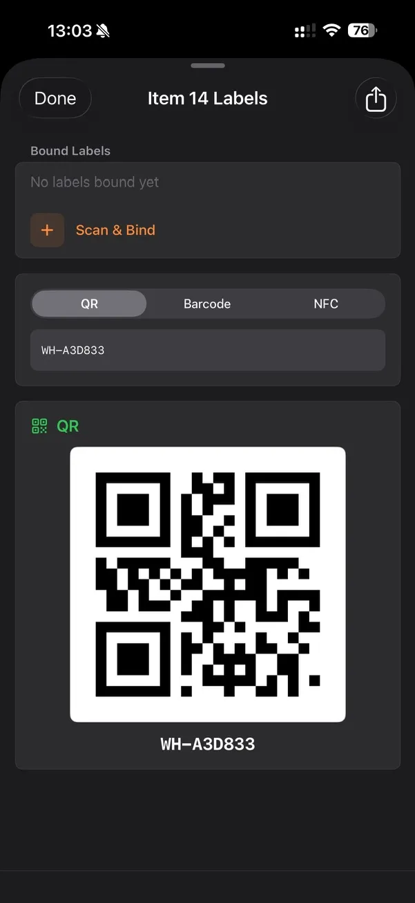 Bind QR, barcode, or NFC to any item — generate and print on the spot.