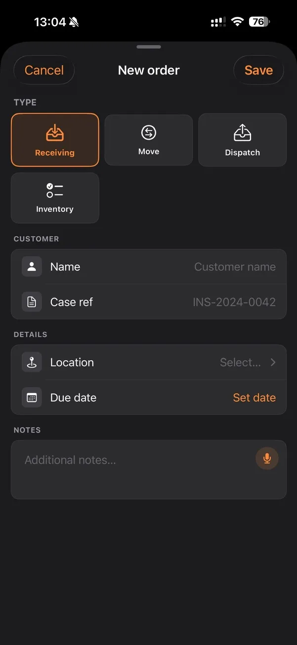 Spin up receiving, move, dispatch, or inventory in seconds.