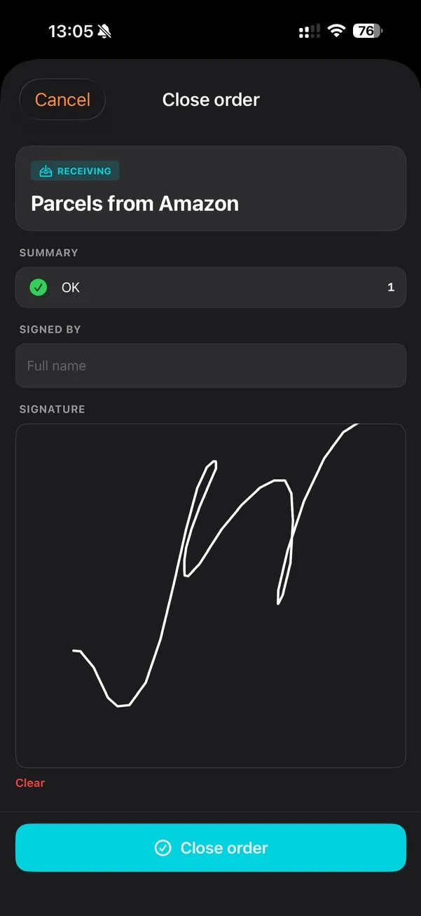 Close every job with an on-device signature — PDF-ready.