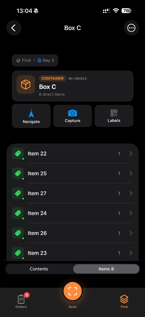 Drill into any container — contents, codes, quick actions.